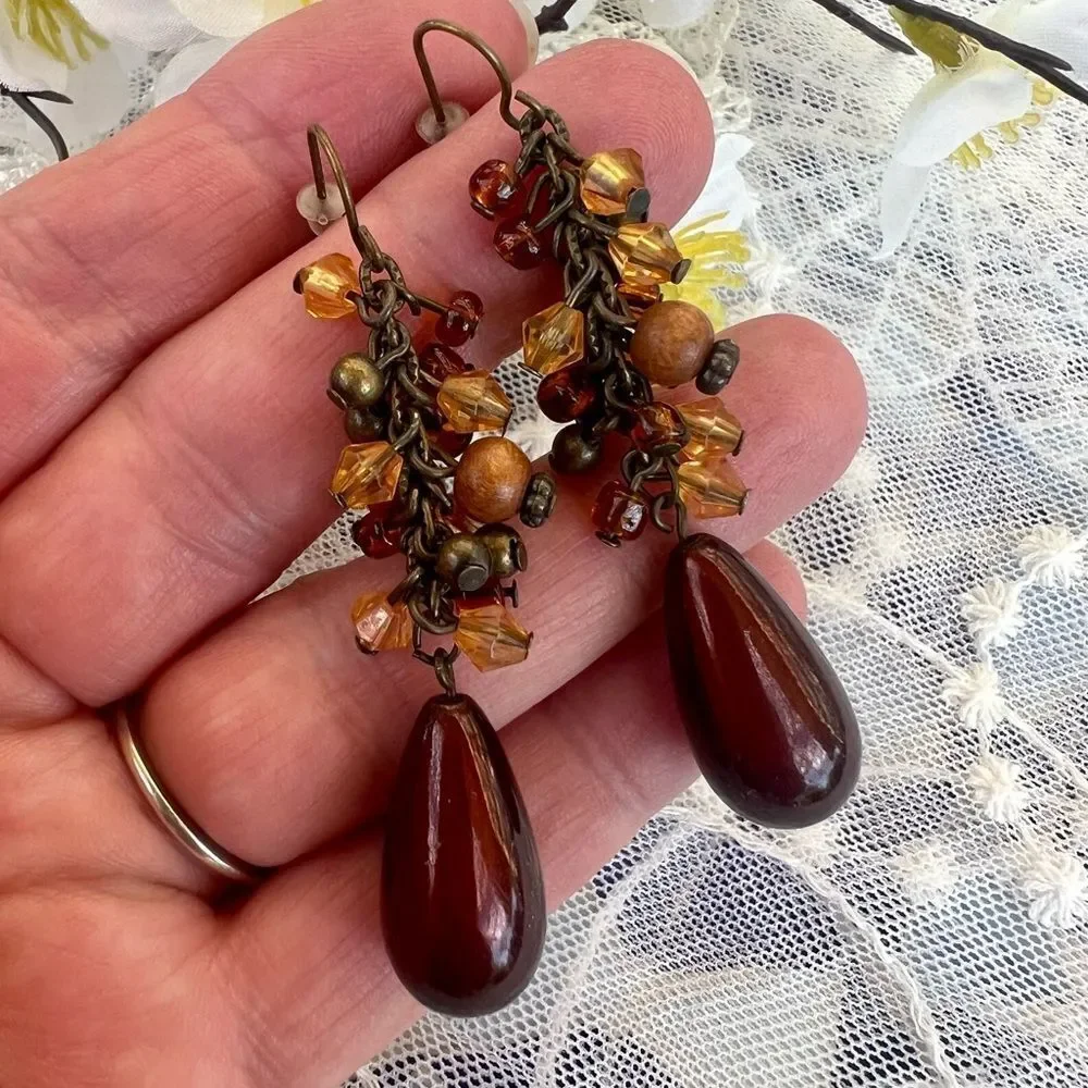 Vintage Bronze Tone Dangle Beaded Statement Earrings
